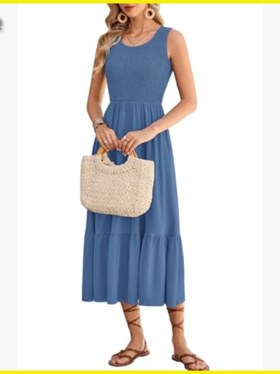 Sleeveless Maxi Dress Smocked Empire Waist Tiered Summer Sundress with Pockets - Picture 2 of 6